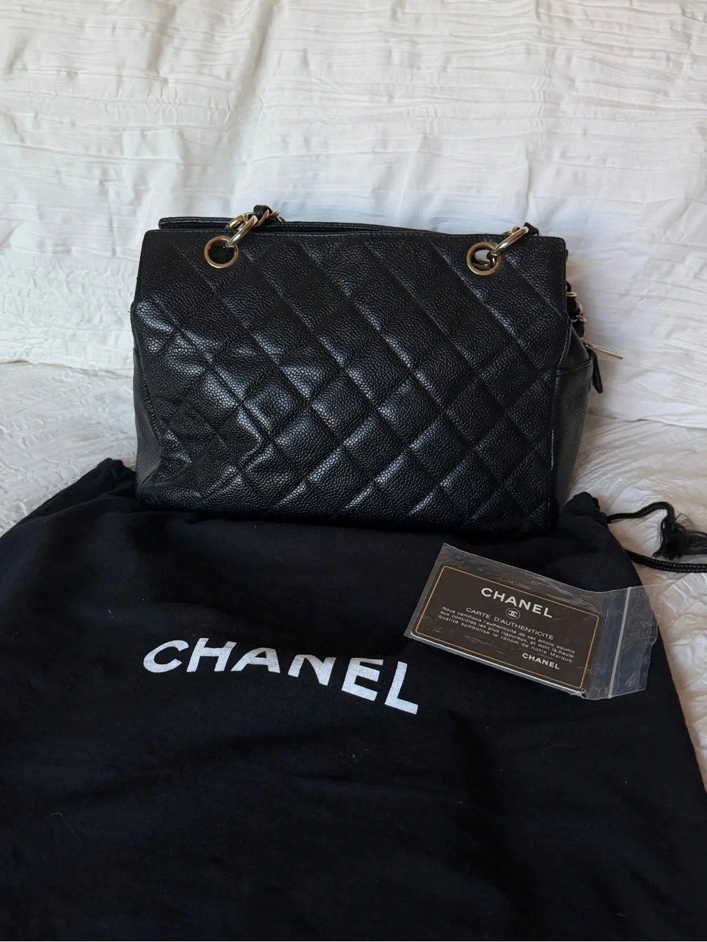 CHANEL Black Quilted Caviar Leather Petite Timeless Shoulder Bag with Gold Chain